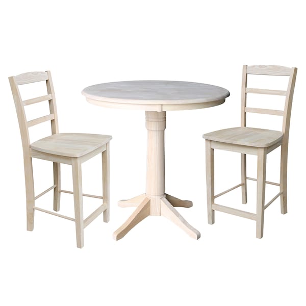 International Concepts Round 36 in Rd Ped Gathering Ht Table, 2 Madrid Counter Ht Stools, Unfinished, 36 in W, 36 in L, Wood K-36RT-27B-S402-2 - main